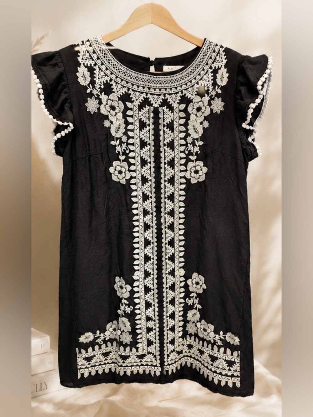 THML Black Tunic with White Floral Embroidery